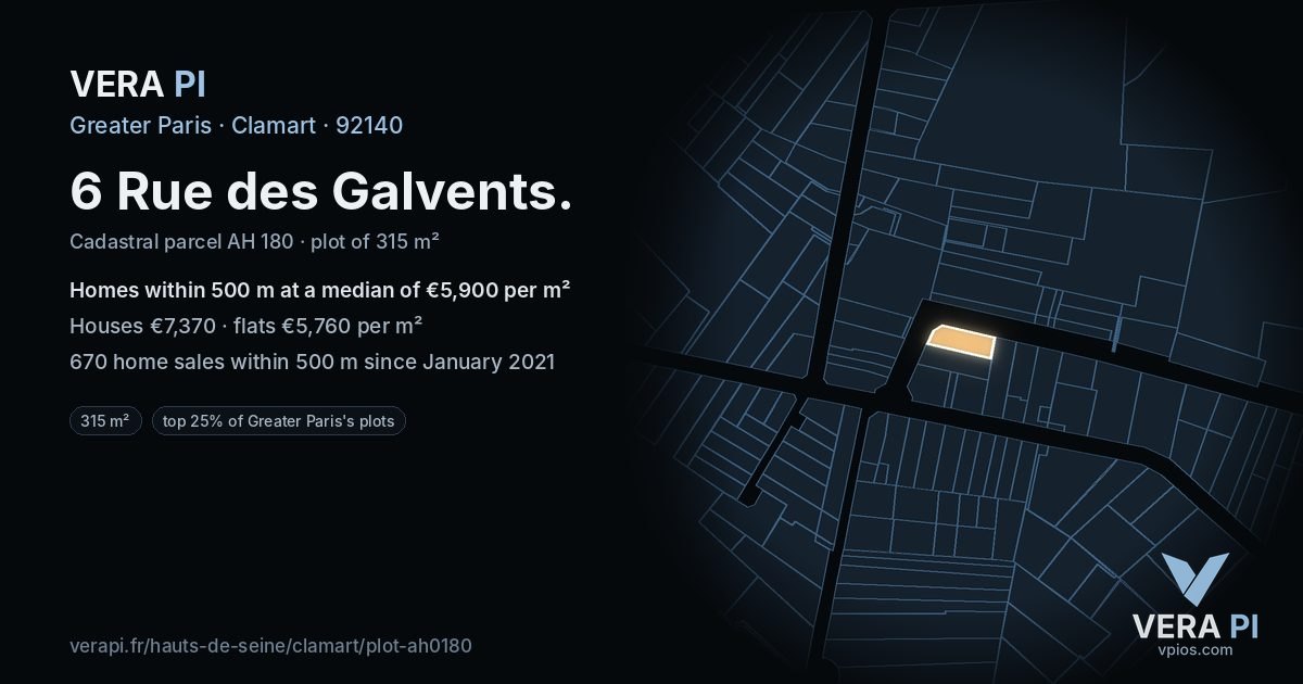 6 Rue des Galvents, Clamart at night – the plot lit, the parcels around coloured by the prices near them