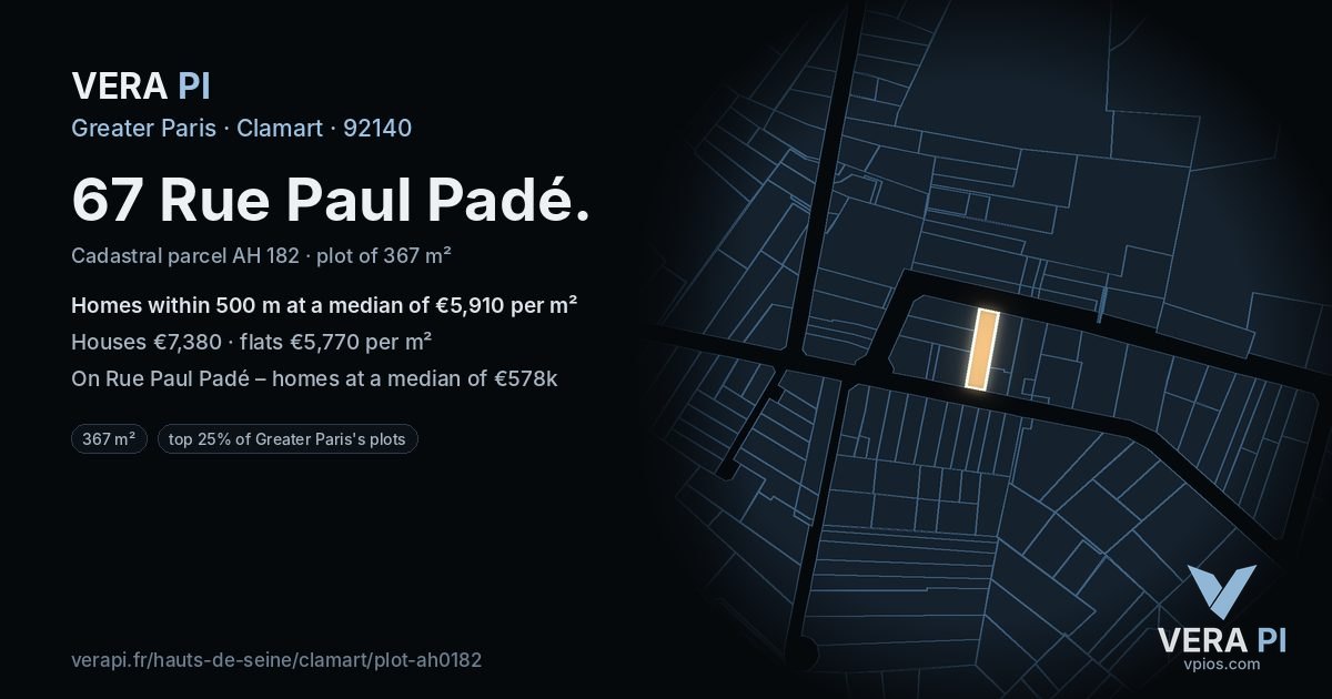 67 Rue Paul Padé, Clamart at night – the plot lit, the parcels around coloured by the prices near them