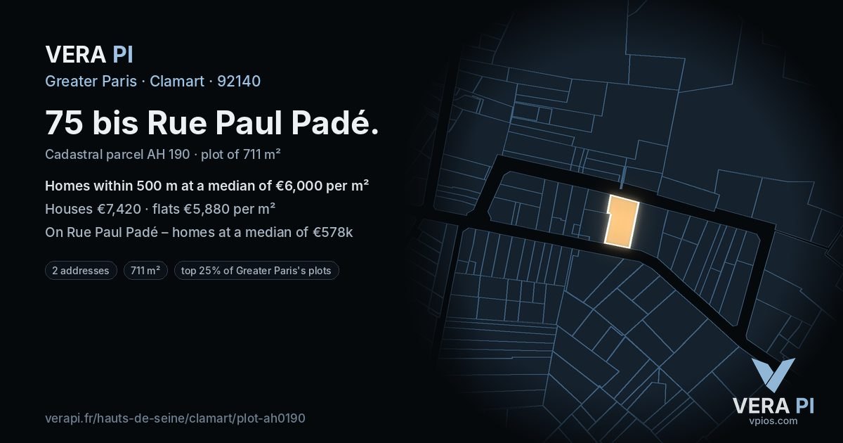 75 bis Rue Paul Padé, Clamart at night – the plot lit, the parcels around coloured by the prices near them