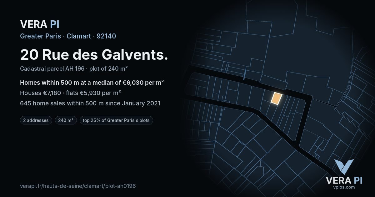 20 Rue des Galvents, Clamart at night – the plot lit, the parcels around coloured by the prices near them
