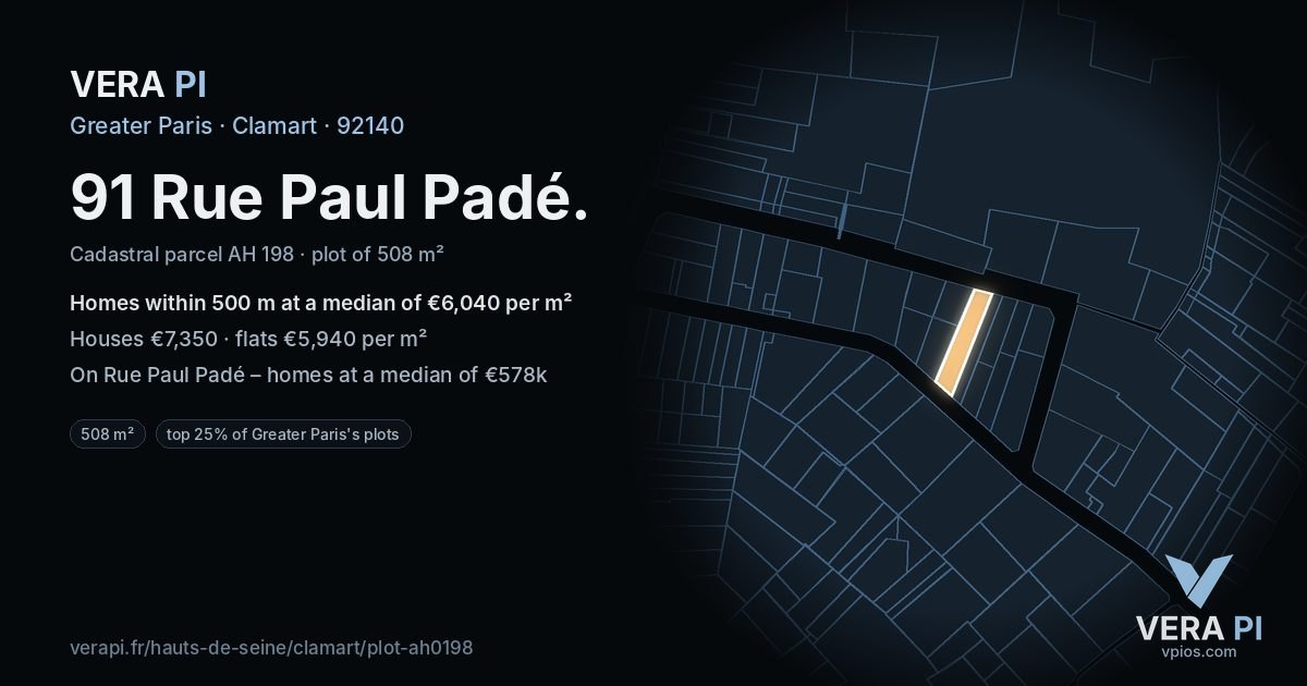91 Rue Paul Padé, Clamart at night – the plot lit, the parcels around coloured by the prices near them
