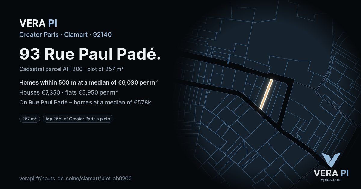 93 Rue Paul Padé, Clamart at night – the plot lit, the parcels around coloured by the prices near them