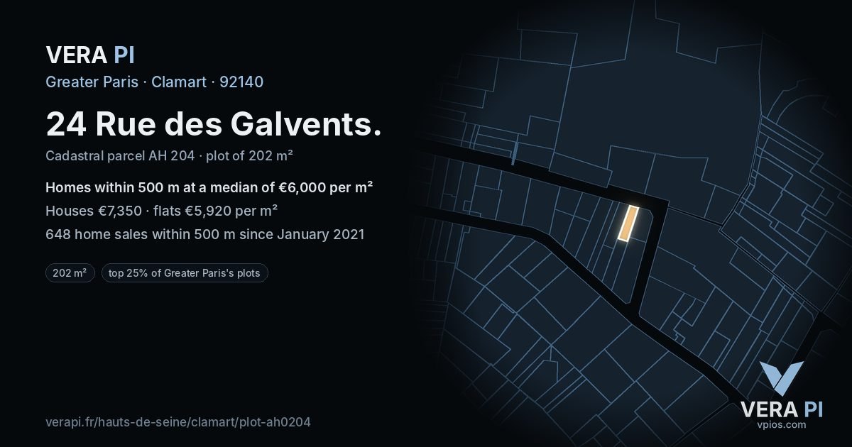 24 Rue des Galvents, Clamart at night – the plot lit, the parcels around coloured by the prices near them