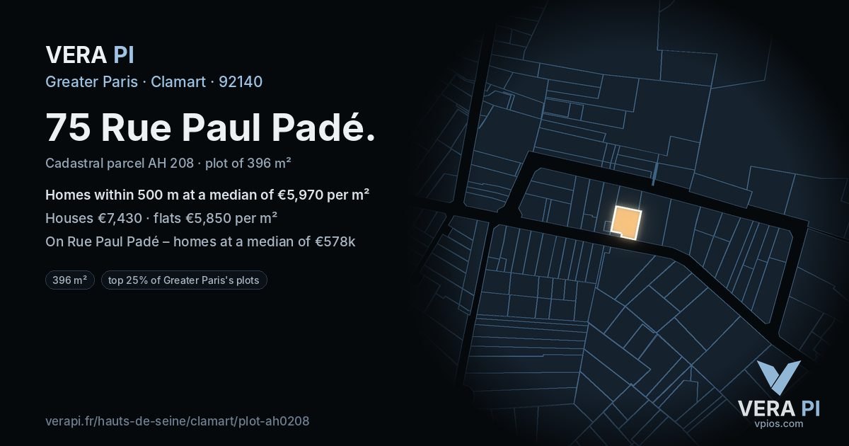 75 Rue Paul Padé, Clamart at night – the plot lit, the parcels around coloured by the prices near them