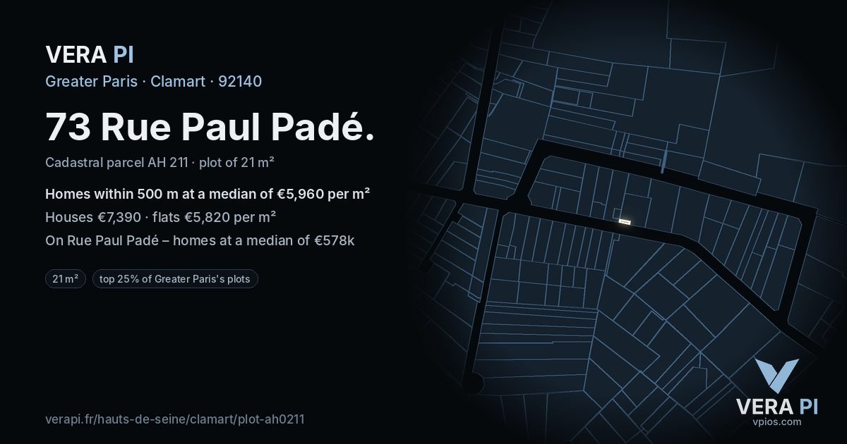 73 Rue Paul Padé, Clamart at night – the plot lit, the parcels around coloured by the prices near them