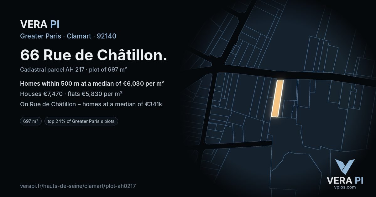 66 Rue de Châtillon, Clamart at night – the plot lit, the parcels around coloured by the prices near them