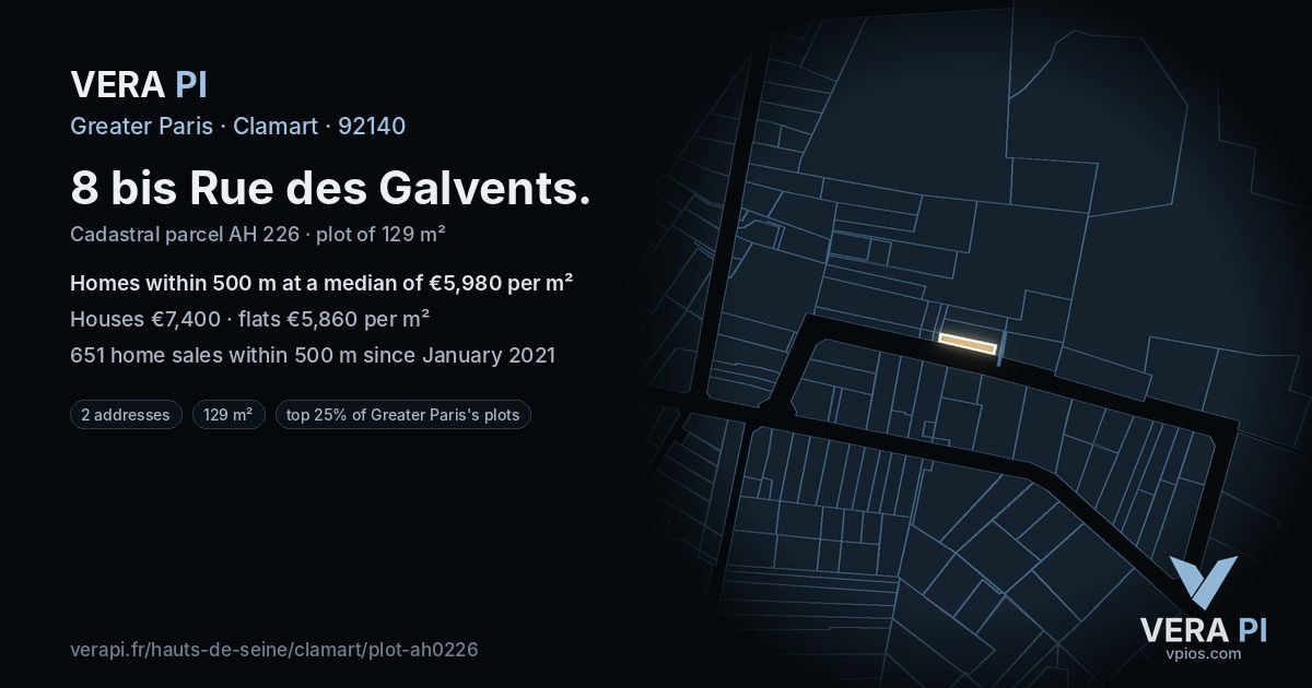 8 bis Rue des Galvents, Clamart at night – the plot lit, the parcels around coloured by the prices near them