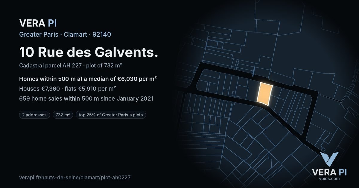 10 Rue des Galvents, Clamart at night – the plot lit, the parcels around coloured by the prices near them