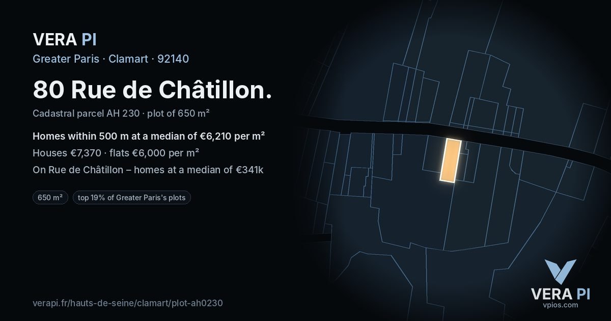 80 Rue de Châtillon, Clamart at night – the plot lit, the parcels around coloured by the prices near them