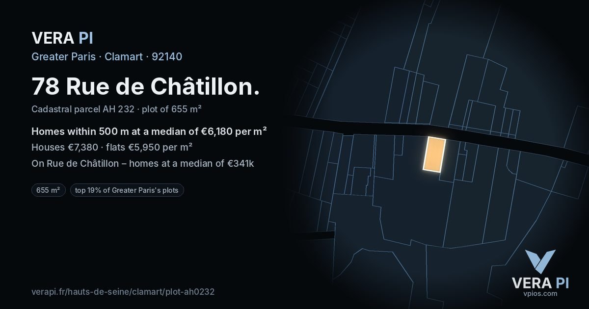 78 Rue de Châtillon, Clamart at night – the plot lit, the parcels around coloured by the prices near them