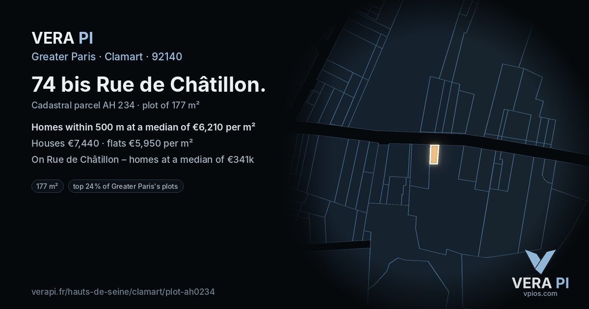 74 bis Rue de Châtillon, Clamart at night – the plot lit, the parcels around coloured by the prices near them