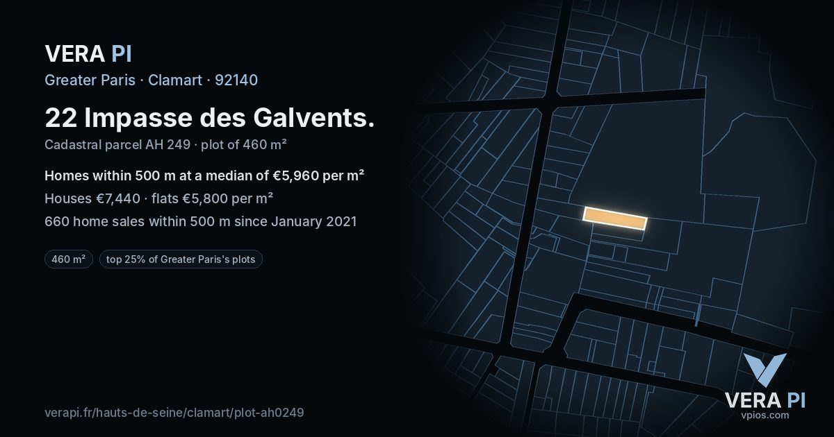 22 Impasse des Galvents, Clamart at night – the plot lit, the parcels around coloured by the prices near them
