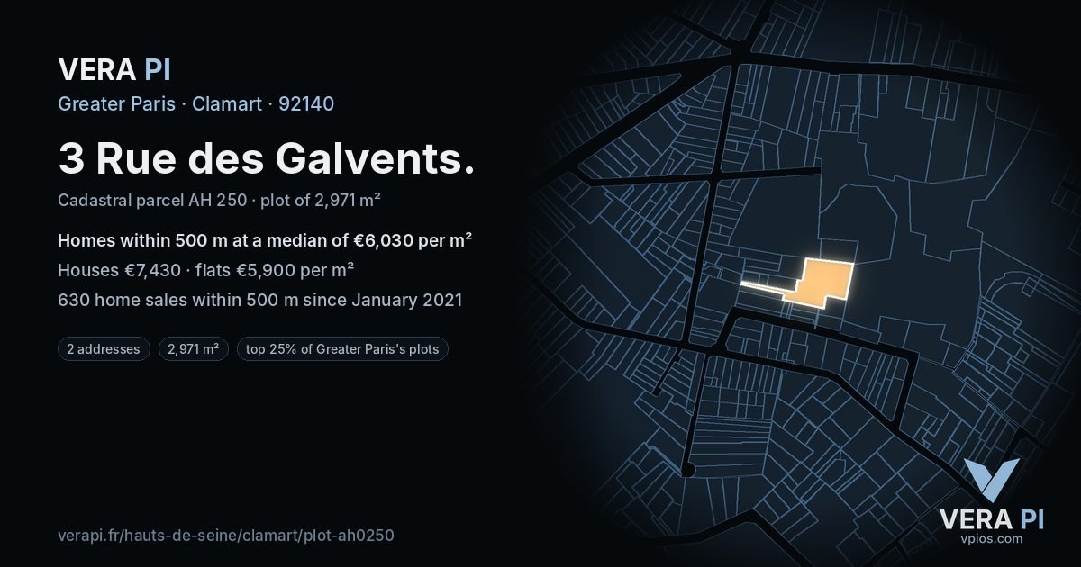 3 Rue des Galvents, Clamart at night – the plot lit, the parcels around coloured by the prices near them