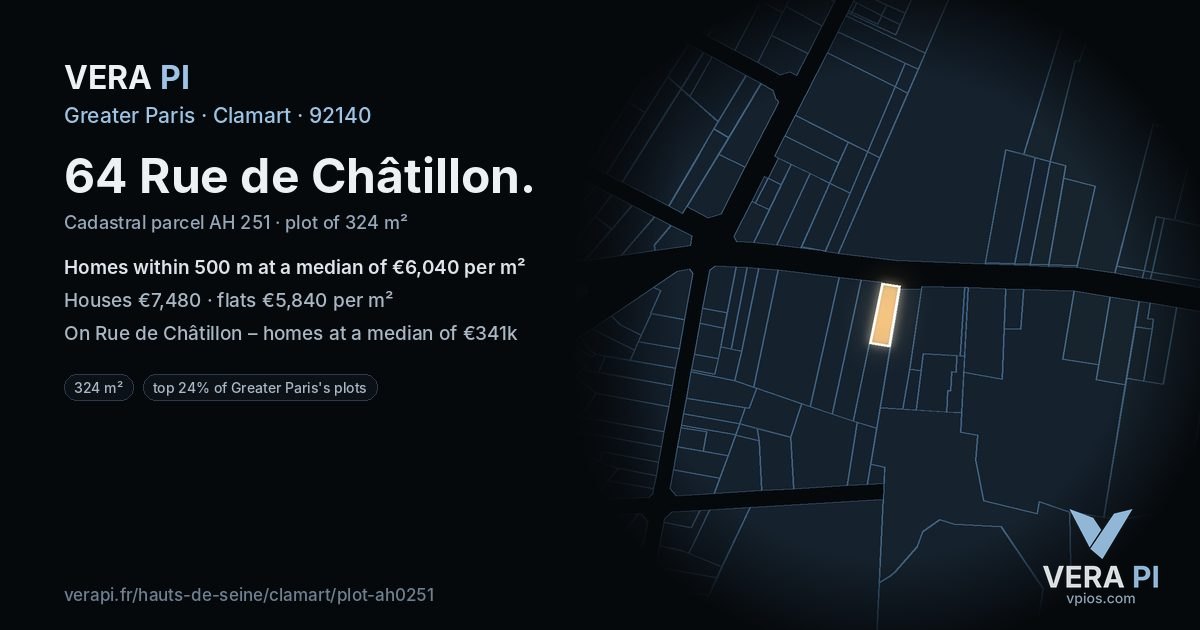 64 Rue de Châtillon, Clamart at night – the plot lit, the parcels around coloured by the prices near them