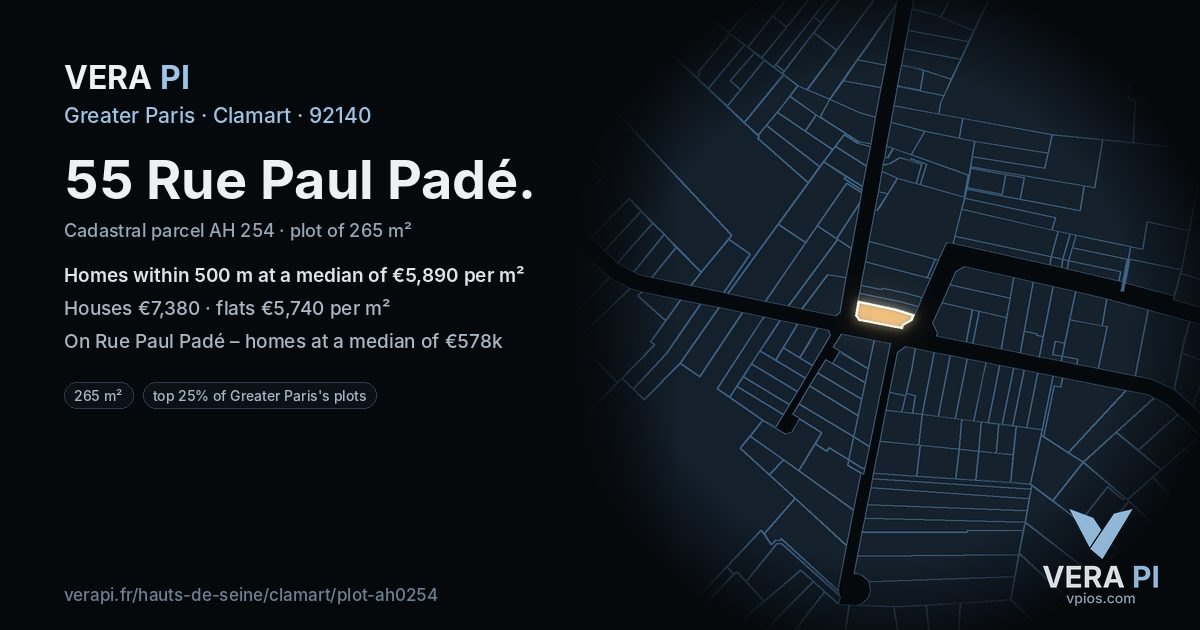 55 Rue Paul Padé, Clamart at night – the plot lit, the parcels around coloured by the prices near them