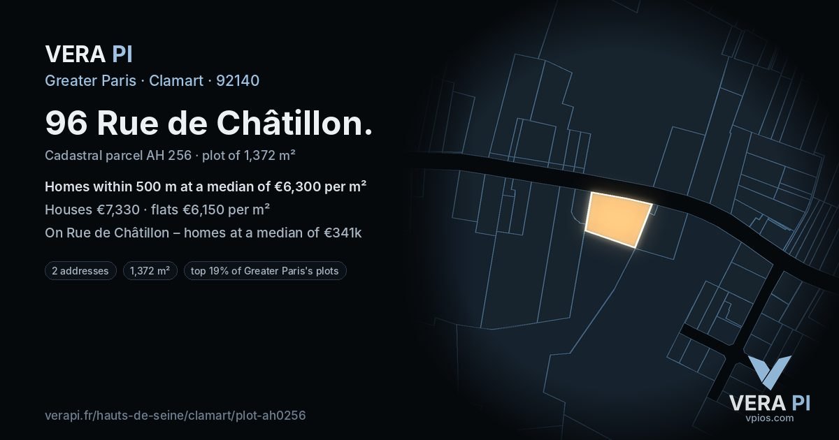 96 Rue de Châtillon, Clamart at night – the plot lit, the parcels around coloured by the prices near them