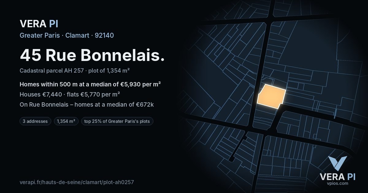 45 Rue Bonnelais, Clamart at night – the plot lit, the parcels around coloured by the prices near them