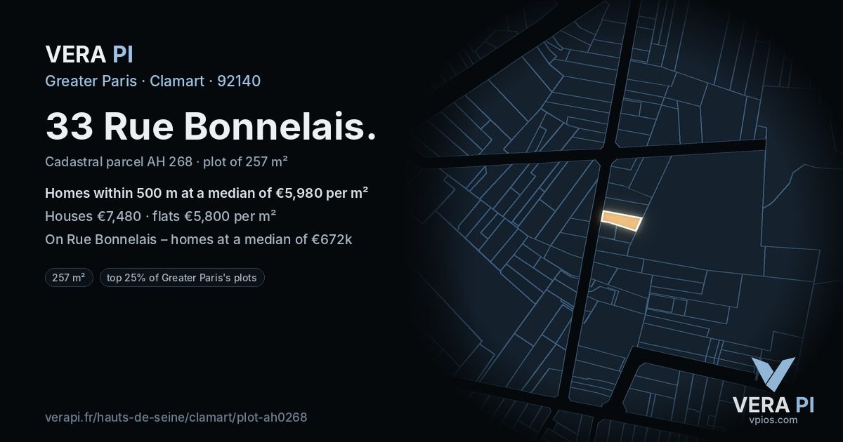 33 Rue Bonnelais, Clamart at night – the plot lit, the parcels around coloured by the prices near them