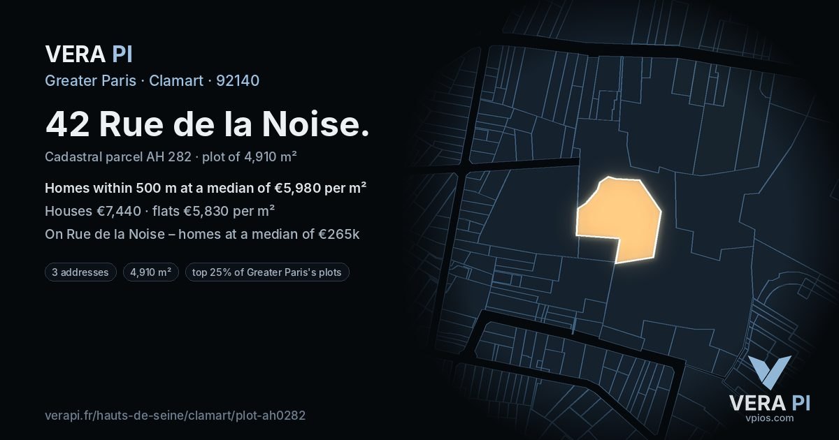 42 Rue de la Noise, Clamart at night – the plot lit, the parcels around coloured by the prices near them