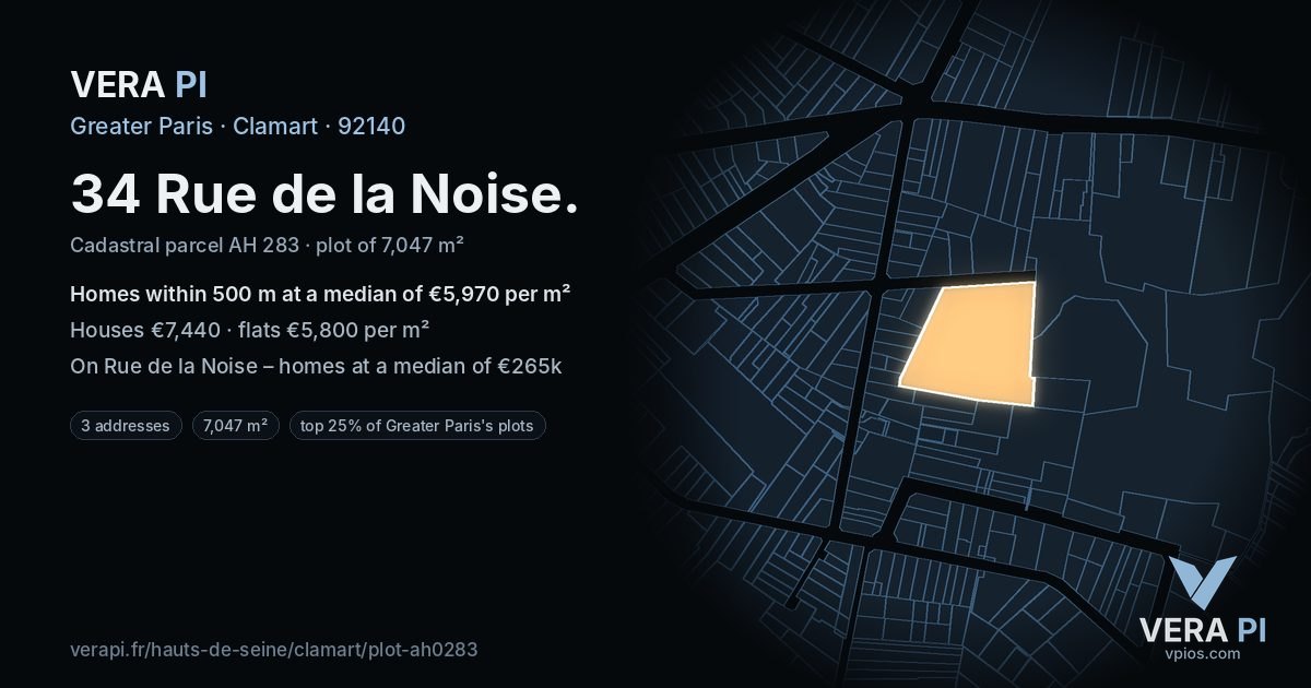 34 Rue de la Noise, Clamart at night – the plot lit, the parcels around coloured by the prices near them