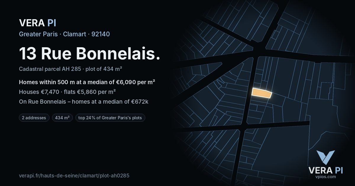 13 Rue Bonnelais, Clamart at night – the plot lit, the parcels around coloured by the prices near them