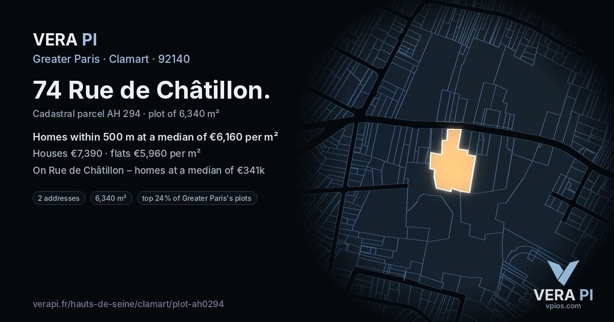 74 Rue de Châtillon, Clamart at night – the plot lit, the parcels around coloured by the prices near them