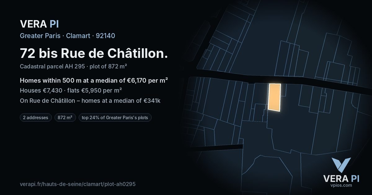 72 bis Rue de Châtillon, Clamart at night – the plot lit, the parcels around coloured by the prices near them