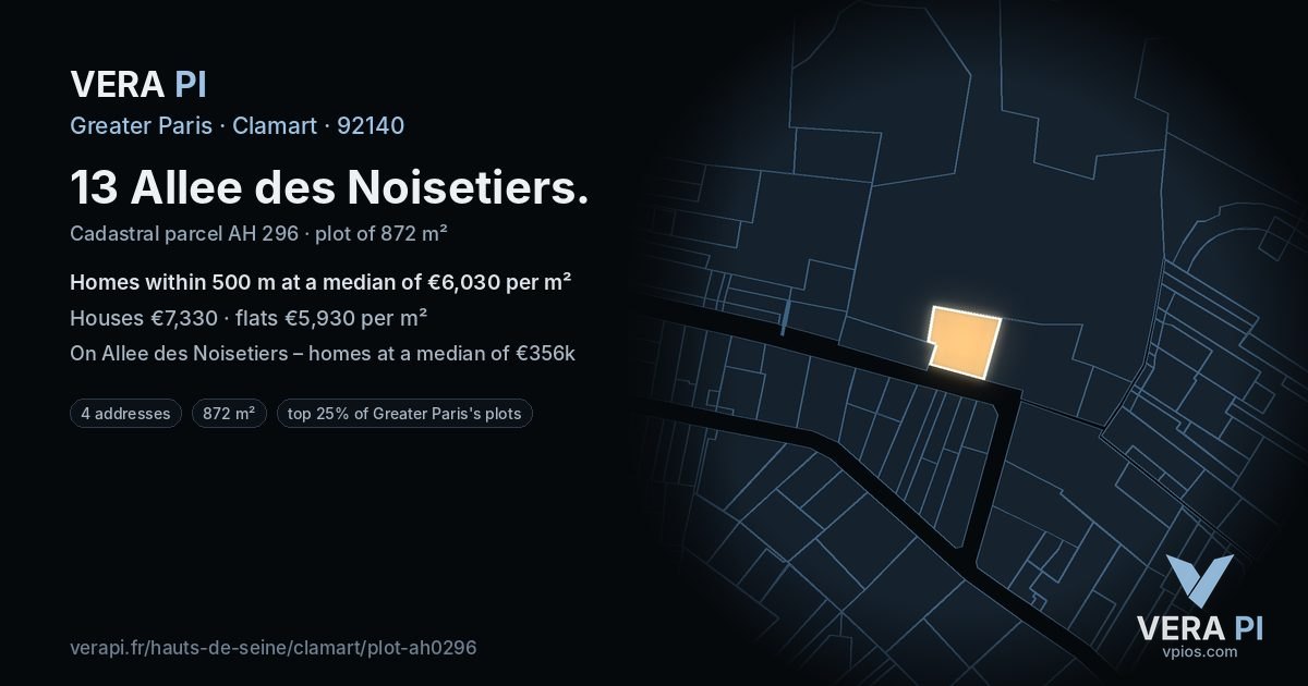 13 Allee des Noisetiers, Clamart at night – the plot lit, the parcels around coloured by the prices near them