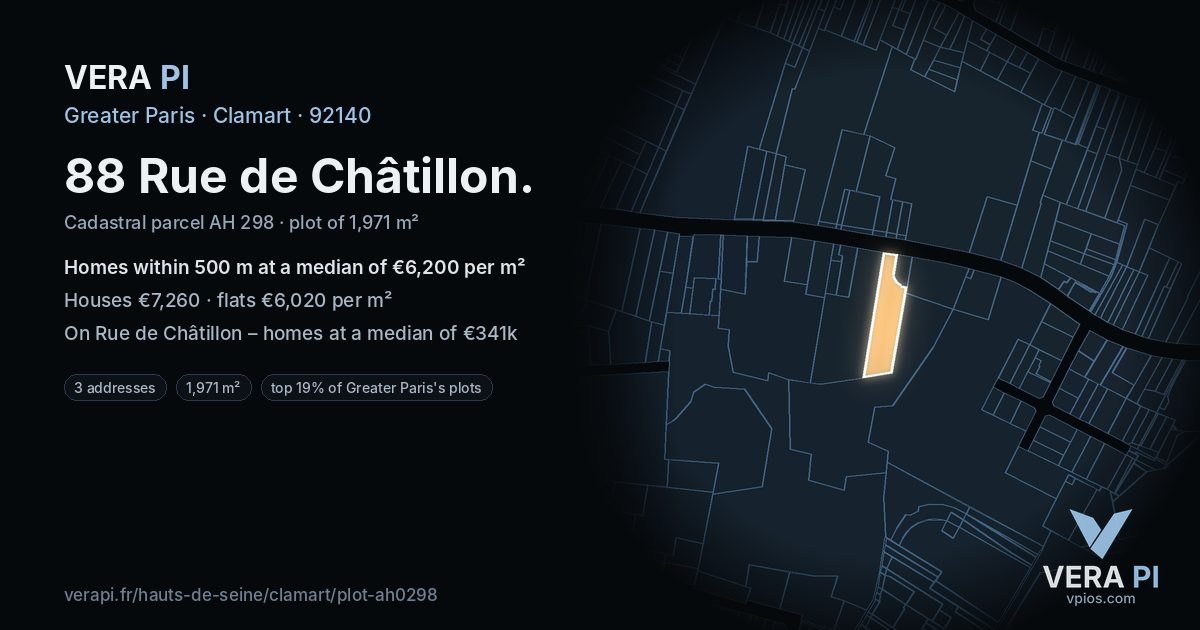 88 Rue de Châtillon, Clamart at night – the plot lit, the parcels around coloured by the prices near them