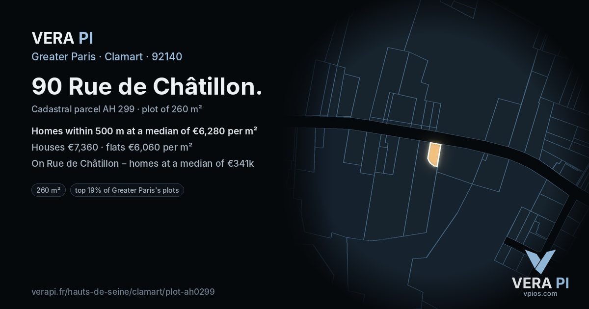 90 Rue de Châtillon, Clamart at night – the plot lit, the parcels around coloured by the prices near them