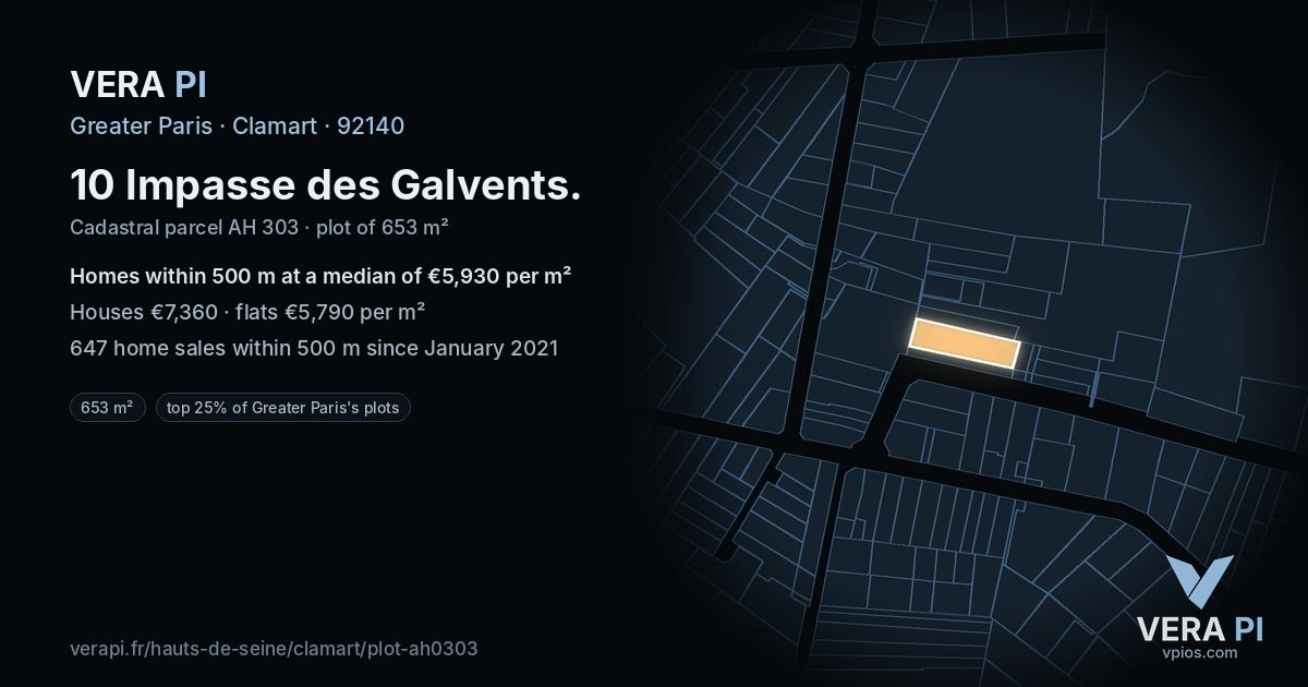 10 Impasse des Galvents, Clamart at night – the plot lit, the parcels around coloured by the prices near them