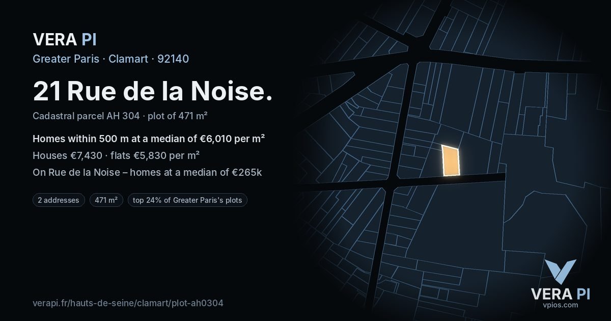 21 Rue de la Noise, Clamart at night – the plot lit, the parcels around coloured by the prices near them
