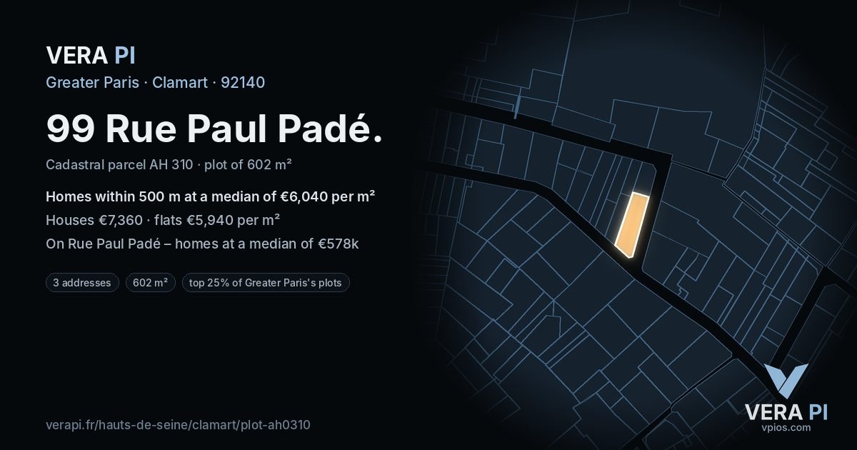 99 Rue Paul Padé, Clamart at night – the plot lit, the parcels around coloured by the prices near them