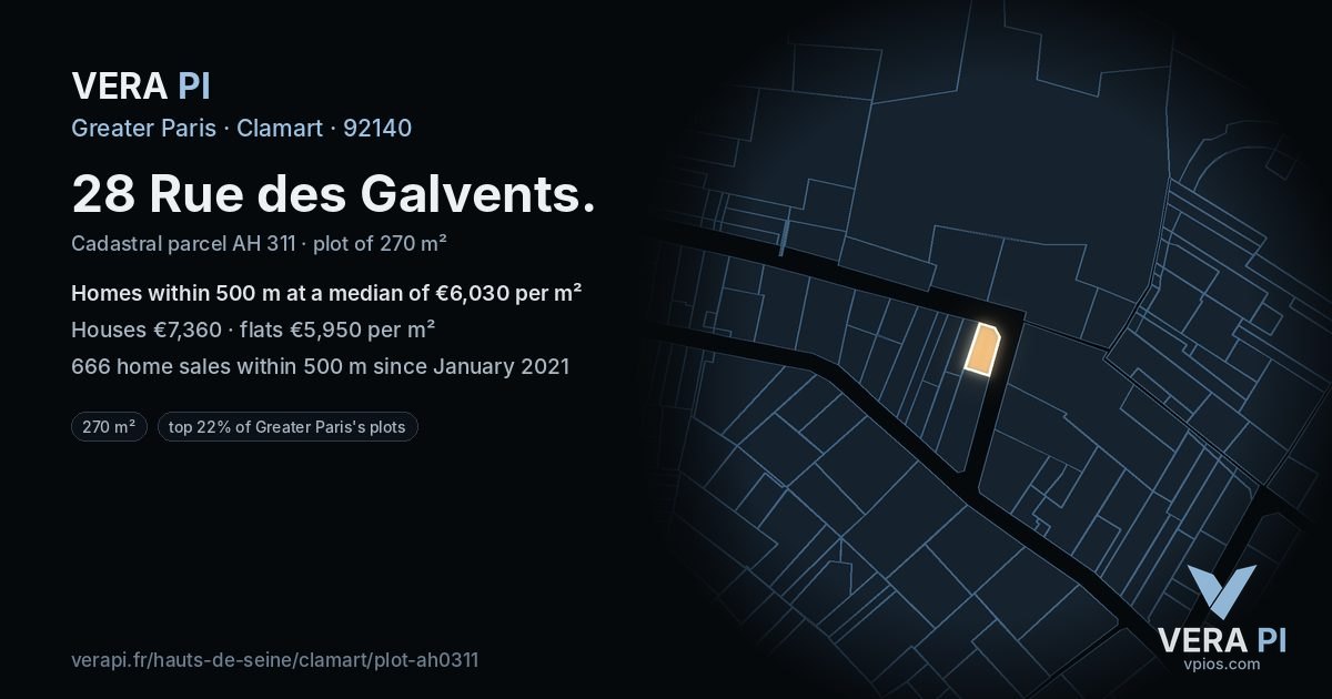 28 Rue des Galvents, Clamart at night – the plot lit, the parcels around coloured by the prices near them