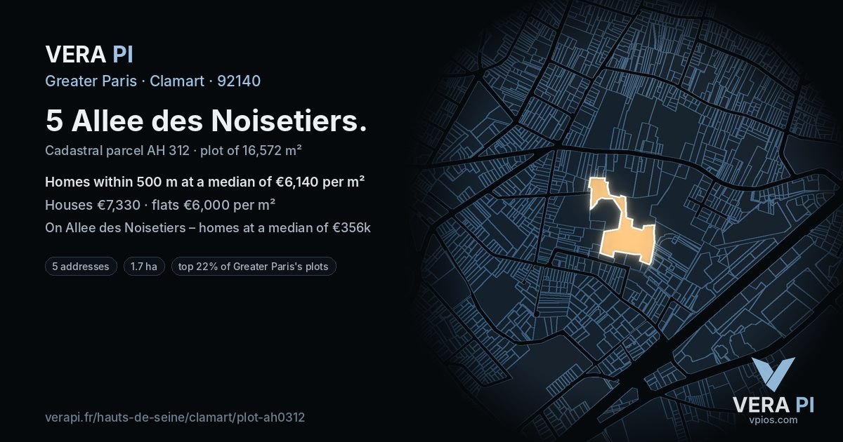5 Allee des Noisetiers, Clamart at night – the plot lit, the parcels around coloured by the prices near them