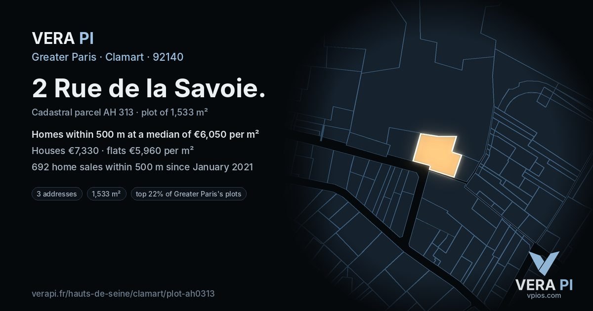 2 Rue de la Savoie, Clamart at night – the plot lit, the parcels around coloured by the prices near them