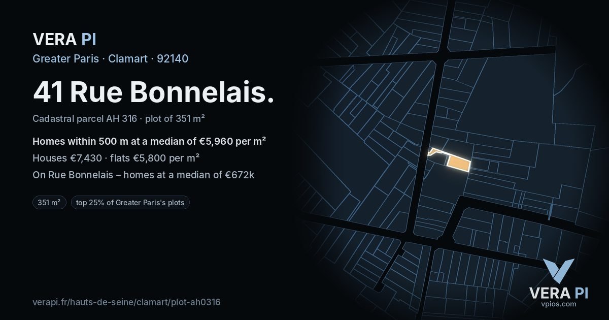41 Rue Bonnelais, Clamart at night – the plot lit, the parcels around coloured by the prices near them
