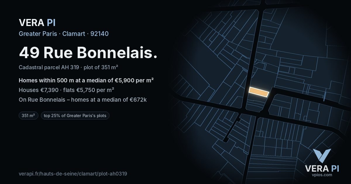 49 Rue Bonnelais, Clamart at night – the plot lit, the parcels around coloured by the prices near them
