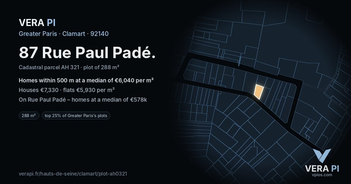 87 Rue Paul Padé, Clamart at night – the plot lit, the parcels around coloured by the prices near them