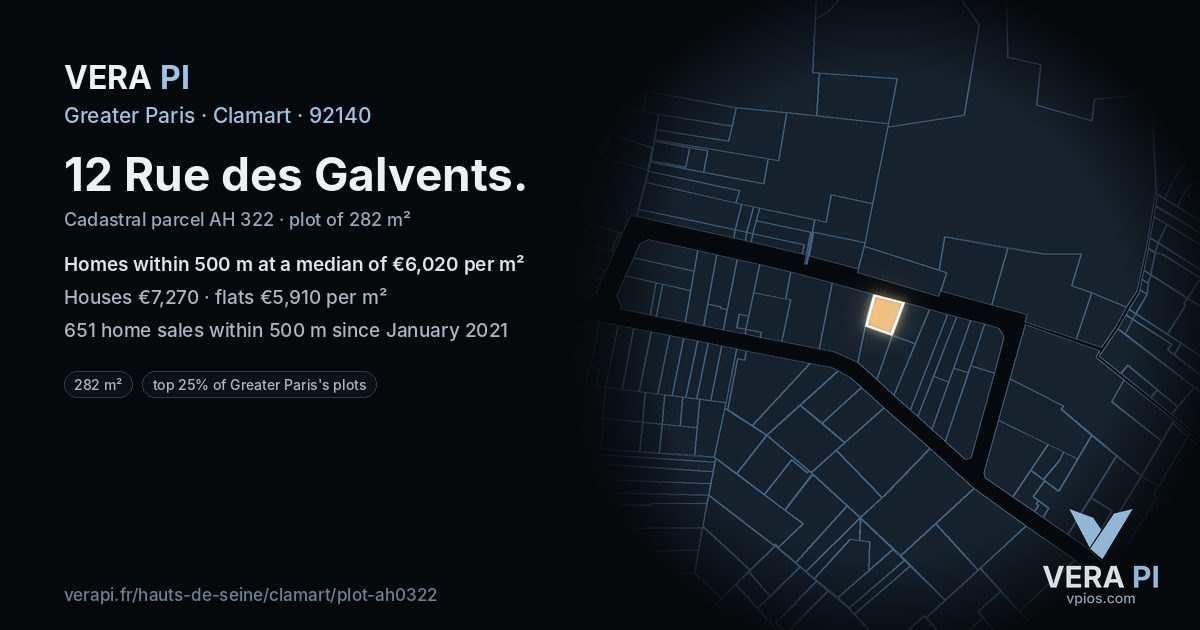 12 Rue des Galvents, Clamart at night – the plot lit, the parcels around coloured by the prices near them