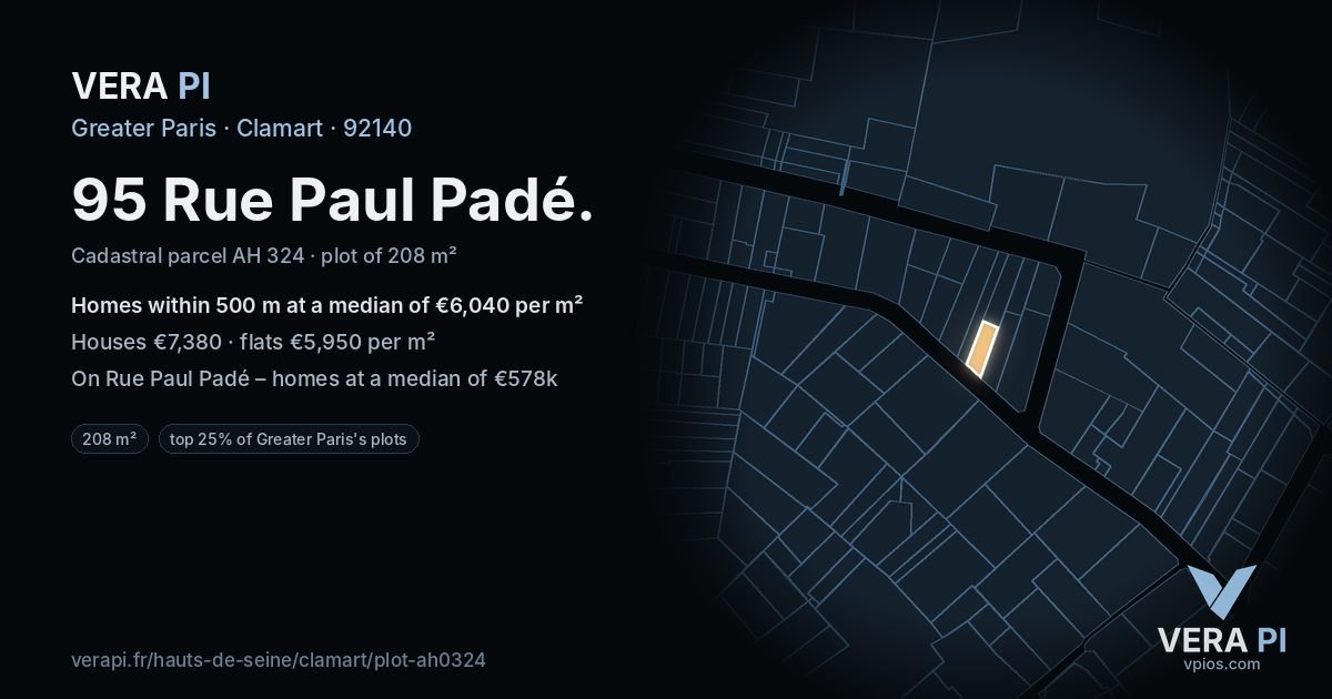 95 Rue Paul Padé, Clamart at night – the plot lit, the parcels around coloured by the prices near them