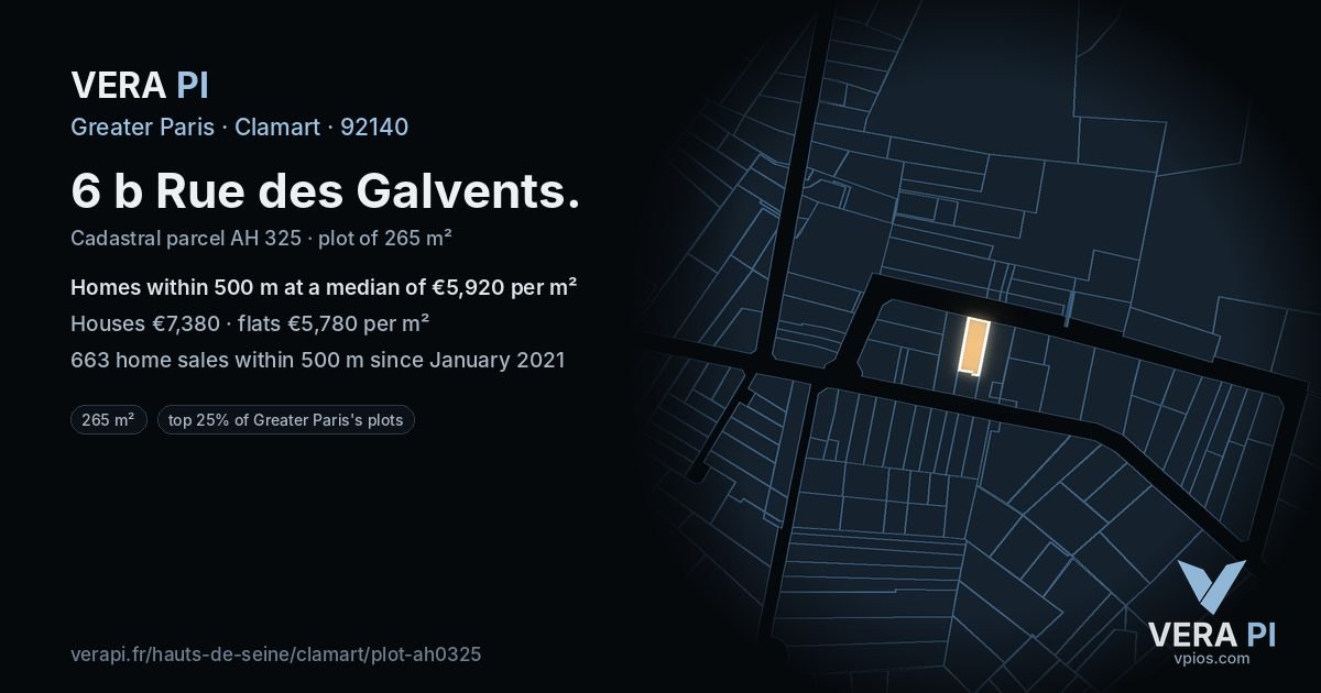 6 b Rue des Galvents, Clamart at night – the plot lit, the parcels around coloured by the prices near them