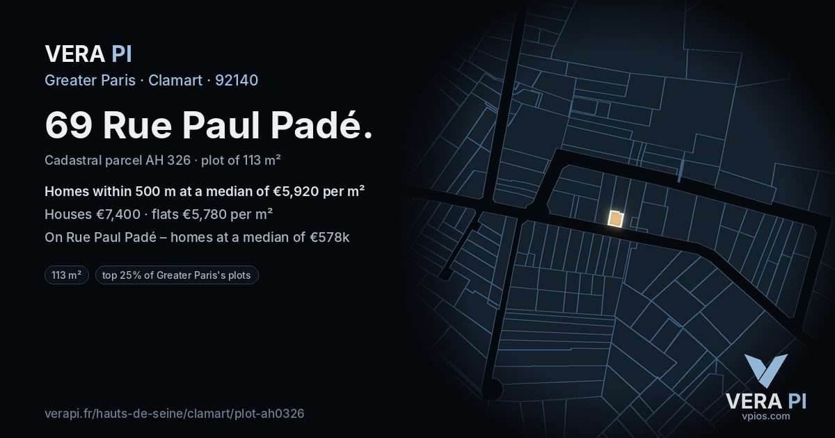 69 Rue Paul Padé, Clamart at night – the plot lit, the parcels around coloured by the prices near them