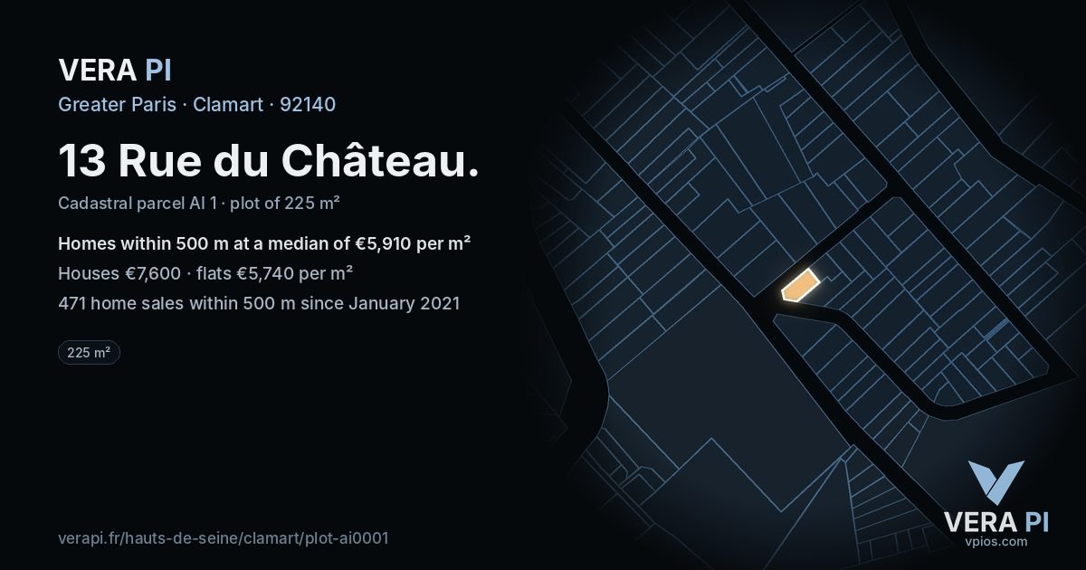 13 Rue du Château, Clamart at night – the plot lit, the parcels around coloured by the prices near them