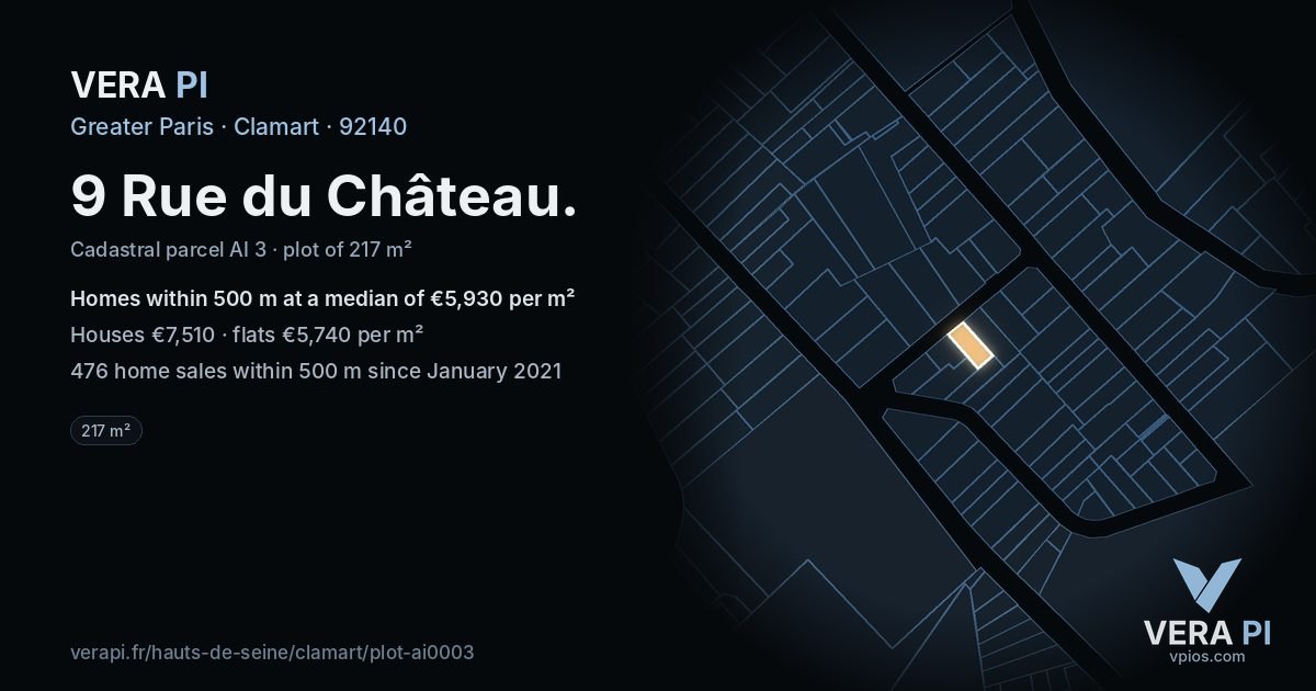 9 Rue du Château, Clamart at night – the plot lit, the parcels around coloured by the prices near them