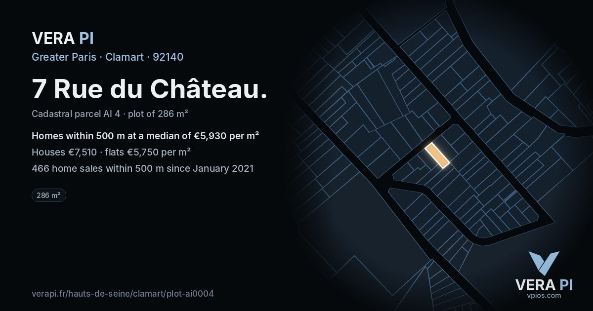 7 Rue du Château, Clamart at night – the plot lit, the parcels around coloured by the prices near them