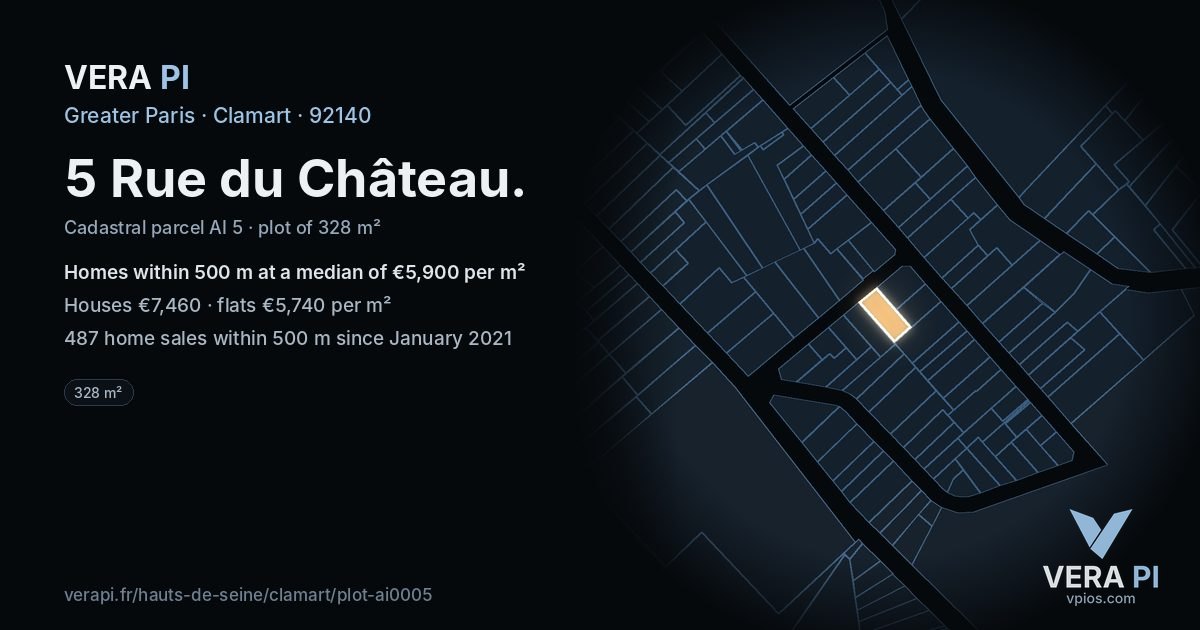 5 Rue du Château, Clamart at night – the plot lit, the parcels around coloured by the prices near them