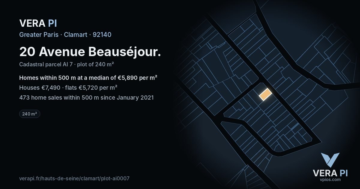 20 Avenue Beauséjour, Clamart at night – the plot lit, the parcels around coloured by the prices near them