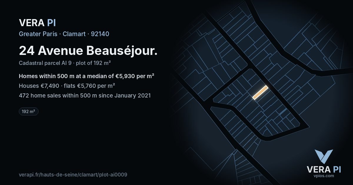 24 Avenue Beauséjour, Clamart at night – the plot lit, the parcels around coloured by the prices near them