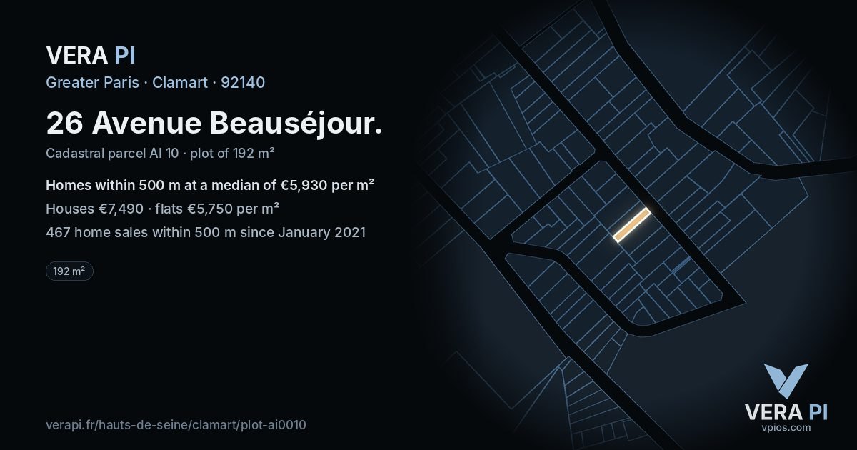 26 Avenue Beauséjour, Clamart at night – the plot lit, the parcels around coloured by the prices near them
